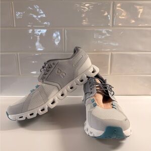 On Running Light Gray, Pink and Teal Sneakers